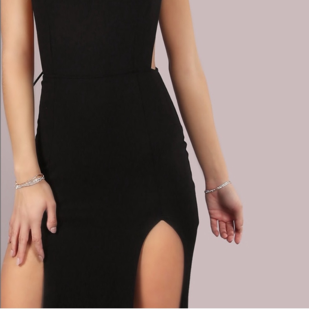 Mesh Back Double High Thigh Slit Open Side Cutout Stunner Maxi Dress - Picture 4 of 5